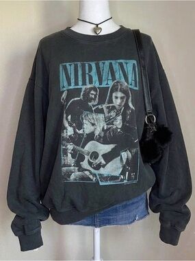 American Eagle Nirvana Graphic Band Sweatshirt in Washed Black with Teal Print